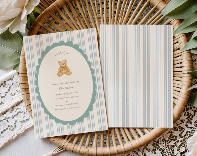 Featured listing image: We Can Bearly Wait Baby Shower Invitation, Vintage Teddy (Editable Canva Template, Instant Download) A41