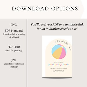 May include: A printable invitation for a pool party with a beach ball graphic. The invitation says "So long school, hello summer" and "Join us for a pool party bash". The date is Saturday, July 7 at 12:00 PM. The location is 10 Sunshine Street, City. RSVP to Katie at 121.476.7890.
