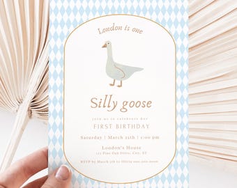 Silly Goose 1st Birthday Invitation: Light Blue Nursery Rhyme (Digital Download, 5x7" Editable Template)