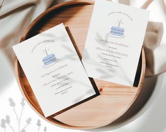One Little Candle One Little Cake Birthday Invitation, Blue Boys 1st Birthday (Editable Canva Template, Instant Download)