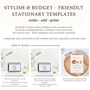May include: A digital illustration of a printable stationary template for a first birthday party. The template features a pumpkin with the word "ONE" in a fall color palette. The text "How it works" is displayed above three images showing the steps to order, edit, and print the template.