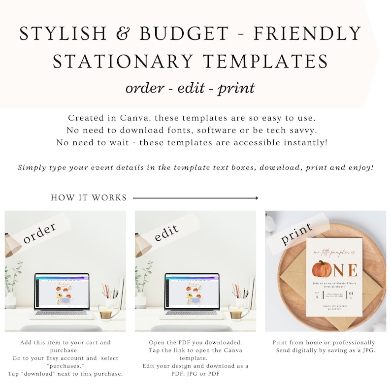 May include: A digital illustration of a printable stationary template for a first birthday party. The template features a pumpkin with the word "ONE" in a fall color palette. The text "How it works" is displayed above three images showing the steps to order, edit, and print the template.