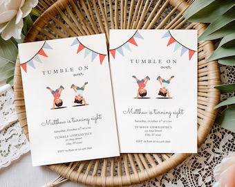 Gymnastics Party Invitation with Boys and Girls, Coed Gym Theme, Tumble On Over (Editable Template, Digital Download) A24