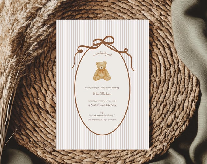 Featured listing image: Vintage Teddy Bear Baby Shower Invitation (Editable Canva Template, Instant Download)