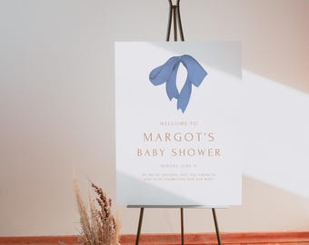 Blue Bow Baby Shower Welcome Sign: Vintage Ribbon Theme (Digital Download, Editable Template A20)