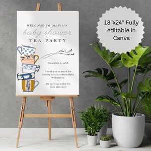 Baby Shower Tea Party Welcome Sign | 8x10 and 18x24 Editable Sign | Whimsical Teacup Theme | Pink and Blue Gender Neutral Baby Sprinkle A19