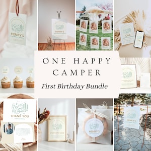 Um pacote de aniversário de campista feliz | Modelos Canva | Convite e decoração para a primeira festa de menino ou menina | Editável faça você mesmo | Gênero neutro | A1