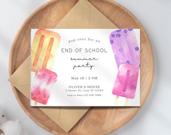End of School Party Invitation: Watercolor Popsicles (Digital PDF)