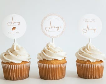 Cottagecore Cupcake Topper Template: Girls First Birthday (Digital Download) A4