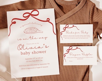Pizza Theme Baby Shower Invitation Bundle, Diaper Raffle, Books For Baby (Editable Template, Digital Download) A38