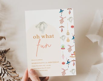 Oh What Fun To Be One Girls Birthday Invitation, Editable Template, Instant Digital Download, Vintage Winter Wonderland Party