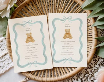 We Can Bearly Wait Baby Shower Invitation, Sage Green Watercolor Bow (Editable Canva Template, Instant Download)