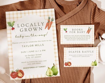 Locally Grown Fall Baby Shower Invitation Template: Farmers Market Organic Baby Theme (Digital Download, A2 Bundle) a2