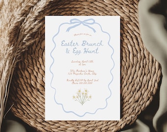 Easter Invitation, Handwritten with Blue Bows (Editable Template, Digital Download) A17