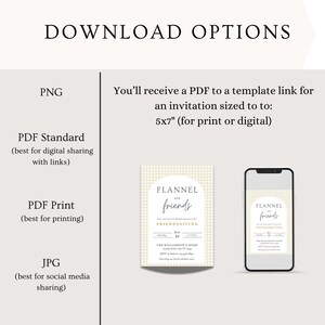 May include: A digital download for a 5x7 inch printable invitation for a Friendsgiving event. The invitation features a white and beige gingham pattern with a circle in the center that says "Flannel and Friends" in gold script. The text "Friendsgiving" is in gray script. The invitation is available in PNG, PDF Standard, PDF Print, and JPG formats.