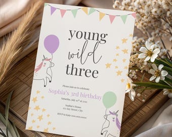 Unicorn Birthday Invitation: Young Wild and Three, Pink & Purple Canva Template (Digital Download)