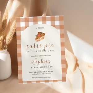 Cutie Pie 1st Birthday Invitation: Fall Autumn Gingham (Digital PDF Printable Canva Template)A4