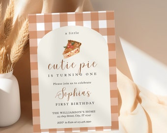 Cutie Pie 1st Birthday Invitation: Fall Autumn Gingham (Digital PDF Printable Canva Template)A4