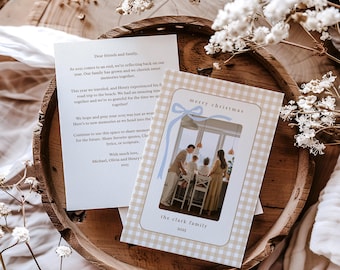 Family Christmas Card with Photo, Gingham Beige and Blue Bow, Annual Family Letter, 5x7 (Editable Template, Digital Download) A37