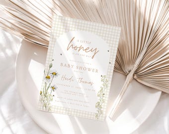 Honey Bee Baby Shower Invitation: Gingham, Wildflowers (Digital Download, 5x7" Template) A12