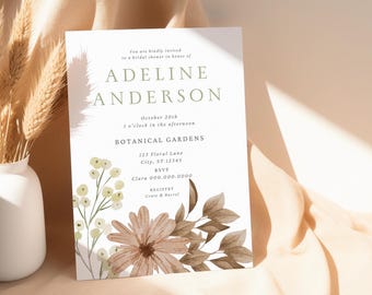 Fall Botanical Bridal Shower Invitation: Green Floral Template (Canva Editable, Digital Download, 5x7" )