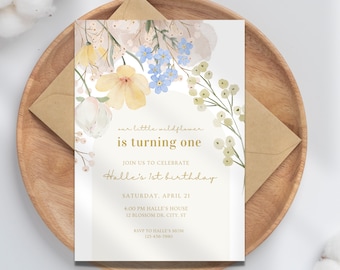 Our Little Wildflower Birthday Invitation, Watercolor Flowers, Girls 1st Birthday (Editable Template, Digital Download)
