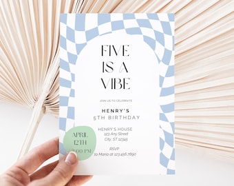 Retro Blue Check 5th Birthday Invitation: 'Five Is A Vibe' (Digital Download)
