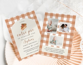 Cutie Pie First Birthday Invitation: Fall Gingham, Photo Back (Digital PDF) A4
