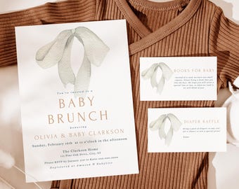 Baby Brunch Shower Invitation Bundle: Vintage Bow, Editable Canva Template (Digital Download A14)