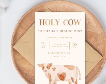 Cow Theme Birthday Invitation | Girls First Birthday (Editable Template, Digital Download)