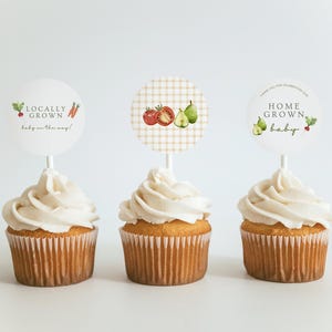 Lokal gewachsener Cupcake Topper | Bauernmarkt-Babyparty-Dekor | Gender Neutral Sprinkle | Bearbeitbare Vorlage | Selbstgemachtes organisches Baby A2