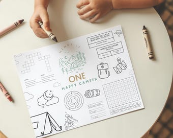 Camping Placemat: Kids Coloring & Games, Wilderness Party (PDF Download, 8.5x11")