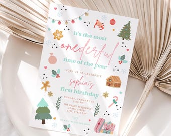 Winter Wonderland First Birthday Invitation: Editable Christmas Theme (PDF Template) A23