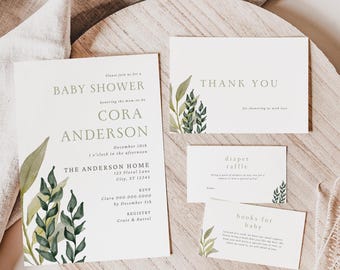 Greenery Baby Shower Bundle: Invitation, Books, Raffle, Thank You (Canva Template, Digital Download)