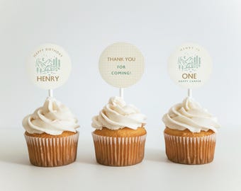Happy Camper Cupcake Topper, Camping First Birthday Theme (Editable Template, Digital Download) A1