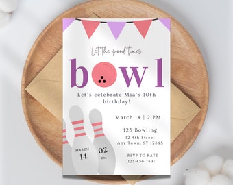 Bowling Invitation For Girls | Strike Up Some Fun |  Instant Download | Bowling Party | Girl Bowling | Editable Girl Party Invite Template