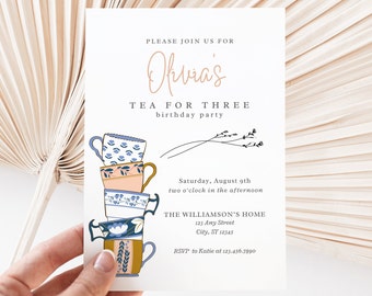 Tea Party Third Birthday Invitation (Editable Template, Digital Download)