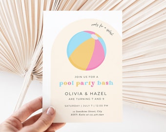 Joint Pool Party Invitation: Siblings Birthday, Retro Beach Ball (Instant Download)