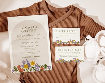Locally GrownFarmer's Market Baby Shower Invitation Bundle: Watercolor Flowers (DIY Printable Canva Template)