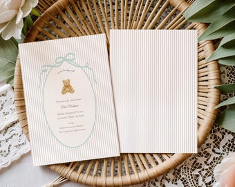 We Can Bearly Wait Baby Shower Invitation, Beige and Sage Green Bow (Editable Canva Template, Instant Download)