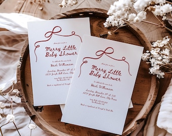 A Merry Little Baby Shower Invitation, Red Ribbon (Editable Canva Template, Instant Download)