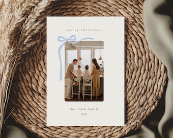 Family Christmas Card with Photo, Beige and Blue Bow, Annual Family Letter, 5x7 (Editable Template, Digital Download) A37