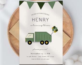 Trash Truck Birthday Invitation: Editable Garbage Truck Party, Boys Bday (Printable PDF Template) A26