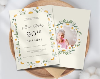 90th Birthday Invitation with Picture (Editable Template, Digital Instant Download)
