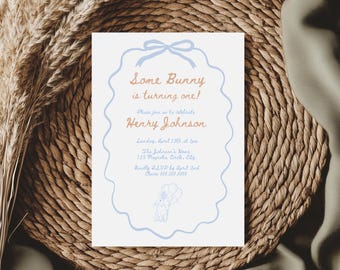 Bunny First Birthday Invitation: Vintage Coquette Theme (DIY Printable PDF Template 5x7" )