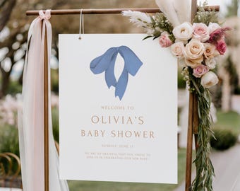 Blue Bow Baby Shower Welcome Sign: Vintage Ribbon Theme (Digital Download, Editable Template A20)