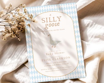 Silly Goose Baby Shower Invitation: Pastel Gingham, Spring Farm Theme (Digital Download)