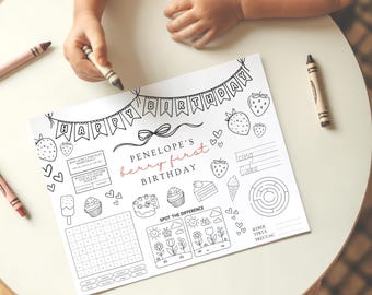 Berry First Birthday Coloring Placemat: Strawberry Party Activity (Digital Download L25)