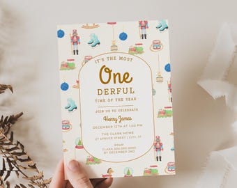 Vintage Nutcracker 1st Birthday Invitation: December Onederland, Boy (Canva Template, Digital Download)