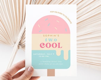 Two Cool Summer Invitation,  Popsicle Party (Digital Editable Canva Template)